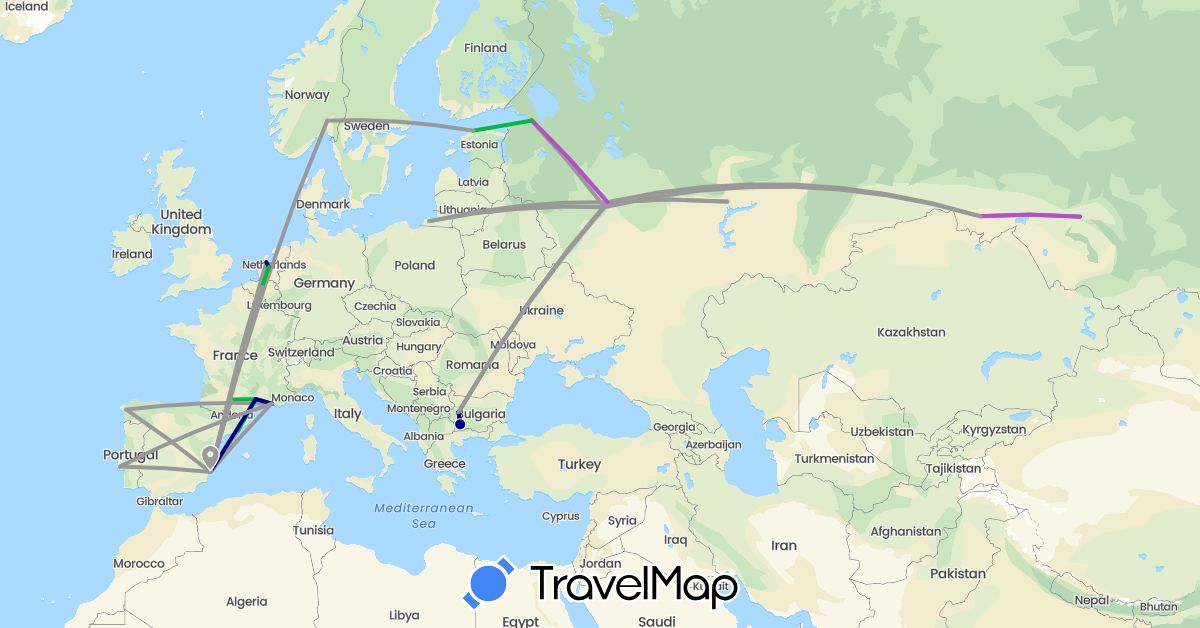 TravelMap itinerary: driving, bus, plane, train in Belgium, Bulgaria, Estonia, Spain, France, Netherlands, Norway, Portugal, Russia (Europe)